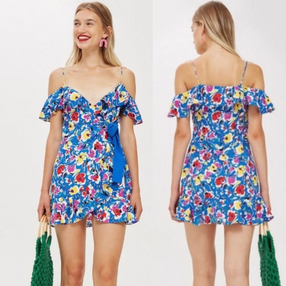 Floral Ruffle Wrap Mini Dress - Blue - Picture 3 of 7